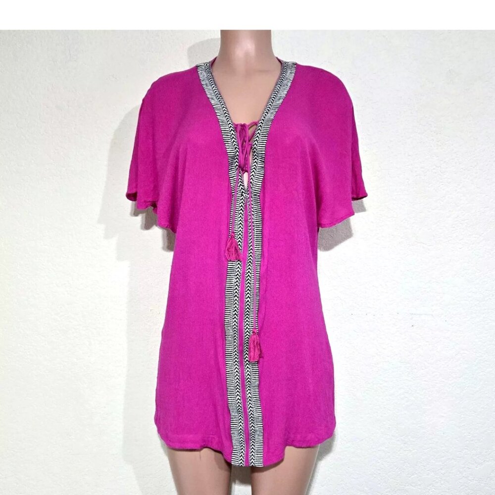 Piper by Townsen Swim Cover Up or Tunic Top Pink Tassel Tie Front